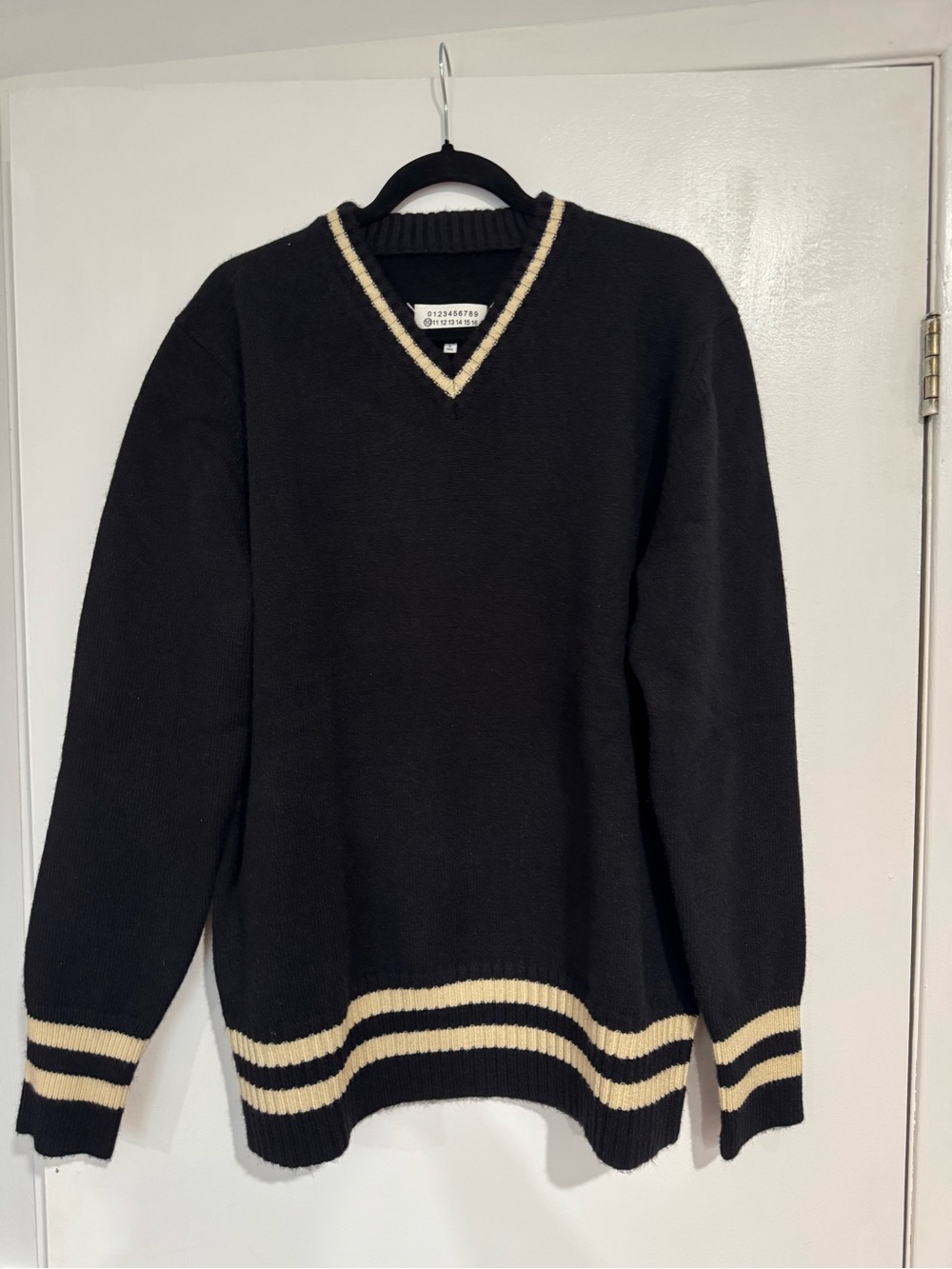 Maison Martin Margiela Black Crewneck Sweater with Cream Stripe Accents